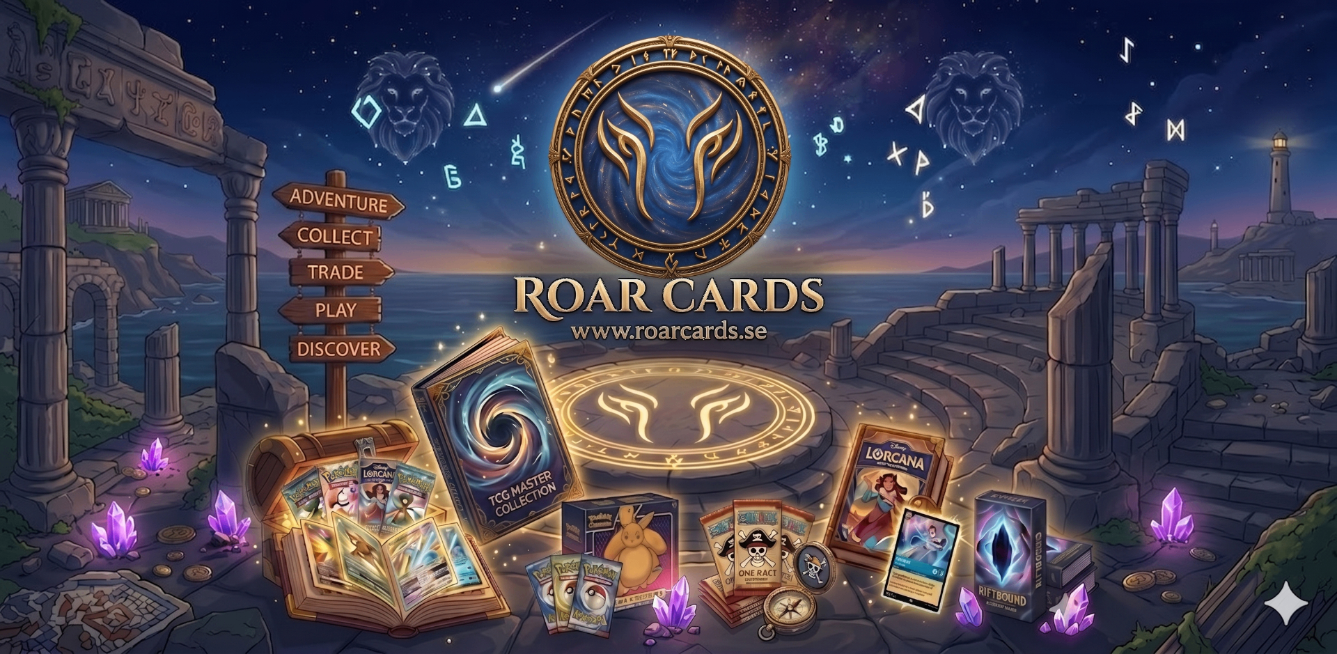 Roar Cards värld — antika ruiner vid havet med skyltar Adventure, Collect, Trade, Play, Discover och booster-paket